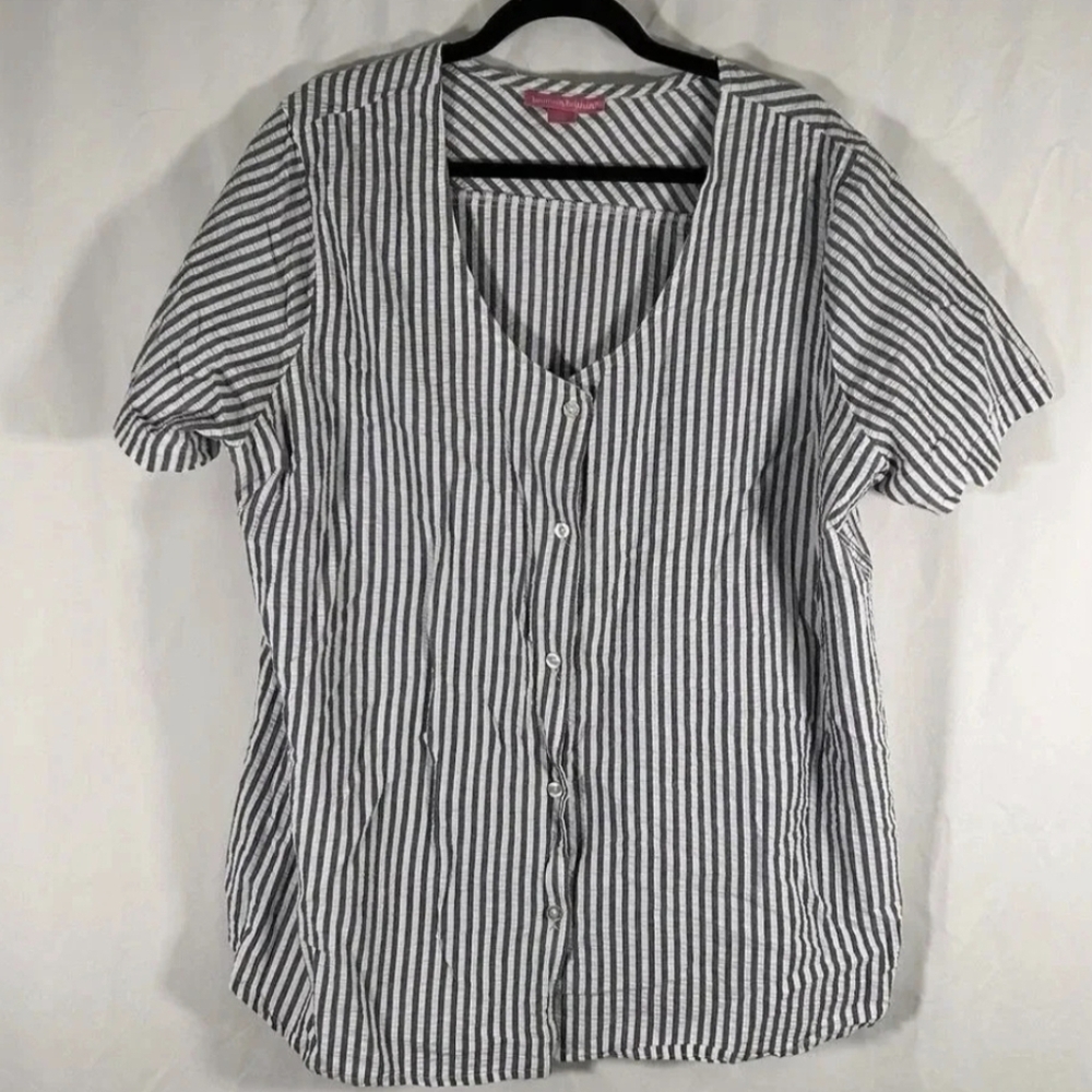 Woman Within Blouse Women's 1X White Blue Striped Button Up Short Sleeve Cotton